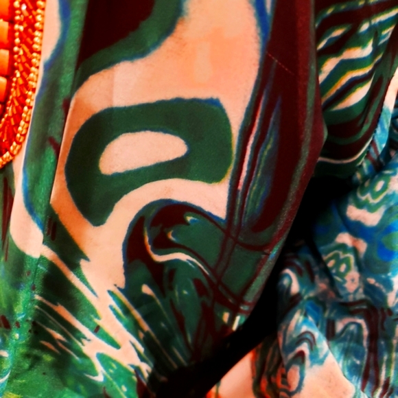 *LAST ONE**MANISH VAID- Silk Turquoise Emb.Pucci Island Prt. Kimono-NWT M - Picture 14 of 15